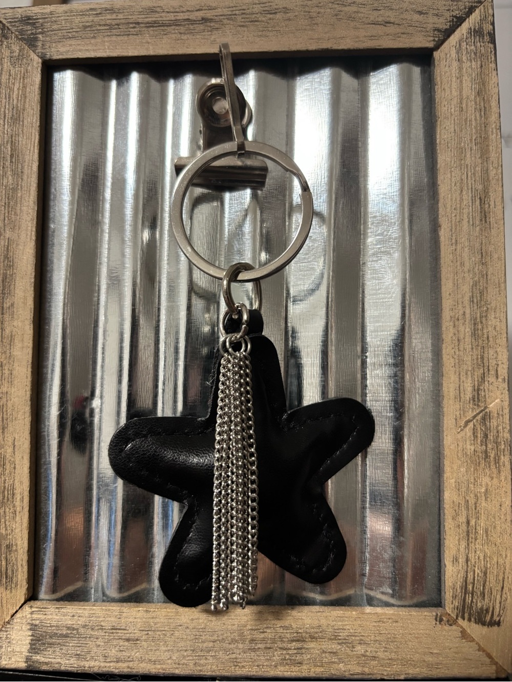 Faux Leather Black Star Keychain with Silver Metal Chain Tassel